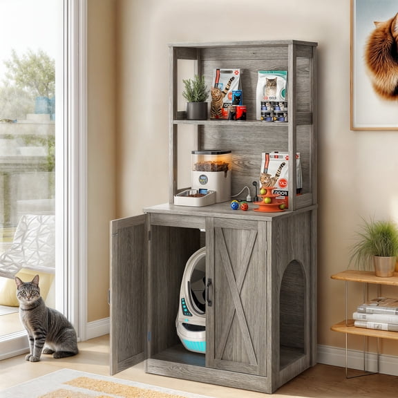 Craftian Hidden Litter Box Cabinet with Charging Station – Cat Enclosure for Self-Cleaning Litter Boxes (Fits Up to 30.5"), Modern Storage Furniture, Gray