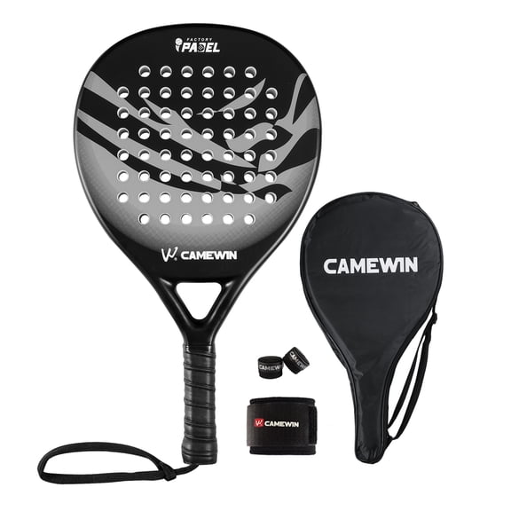 CAMEWIN Raqueta de Pádel con Funda de Pádel Profesional con Superficie de Fibra de Carbono y Núcleo de Espuma Flexible de Memoria EVA para Principiantes con Cubierta