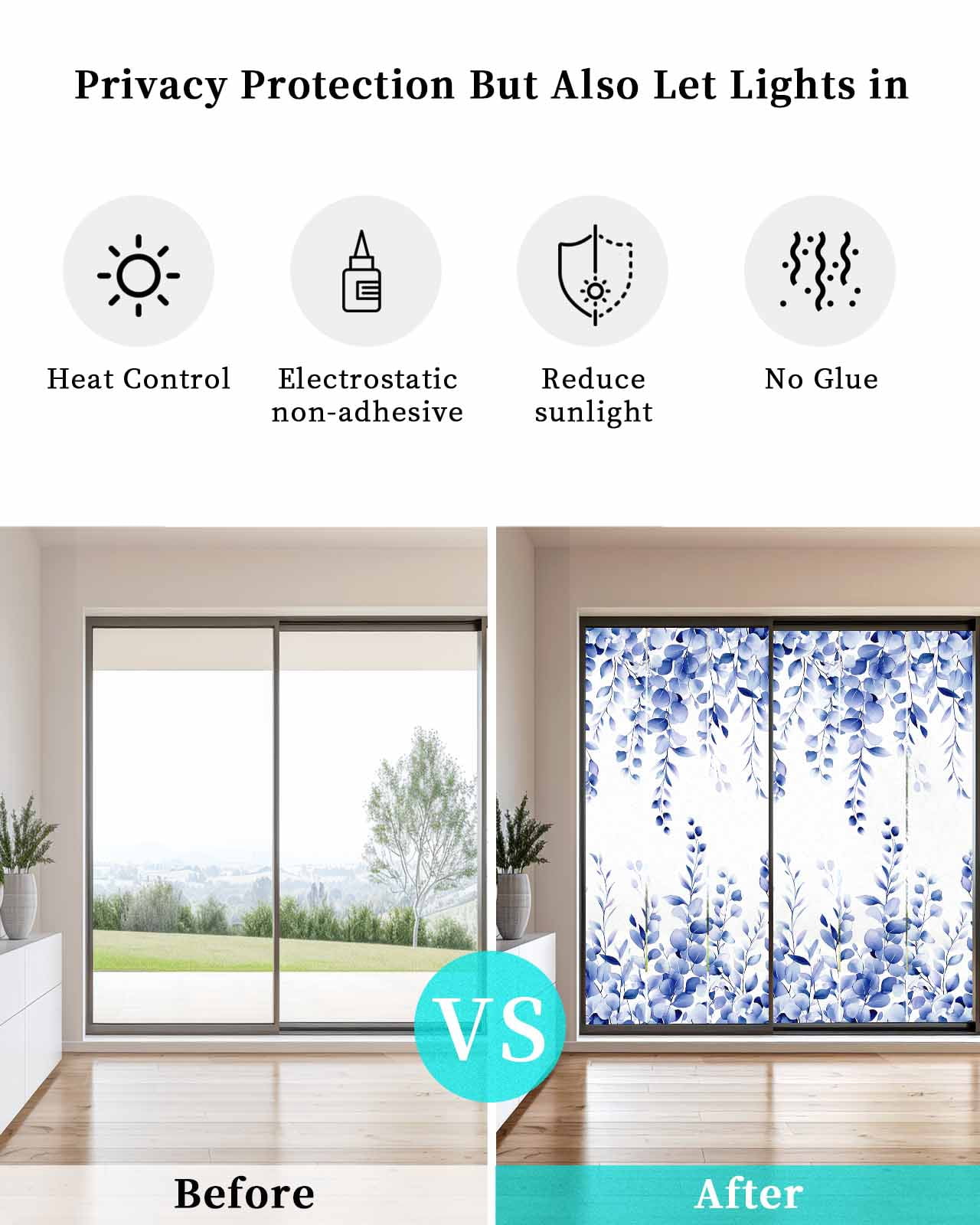 Window Privacy Film Eucalyptus Leaves Blue Stained Glass Window Film Decorative Sun Block Window Cover Watercolor Spring Botanical Window Clings Static Adhesive Sticker for Bathroom 23.6"x59"