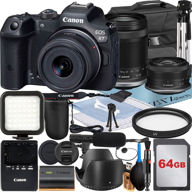 Canon EOS R7 Mirrorless Camera with RF-S 18-45mm + 18-150mm Lens + 64GB Memory Card + Case + LED Flash + ZeeTech Accessory Bundle