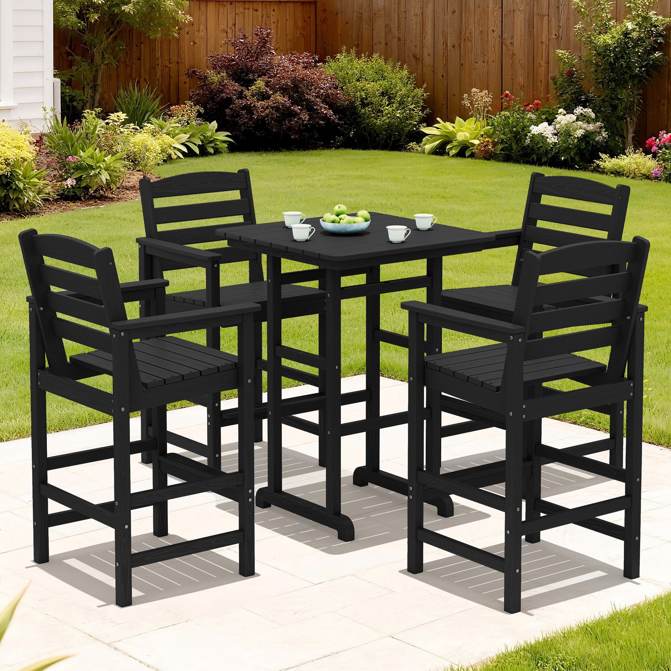 RIAFUN HDPE Outdoor Bar Set of 5 - 1 Height Bar Table & 4 Oversized Wide Seat Tall Adirondack Chairs, Weather Resistant for Patio, Poolside, Garden, Black