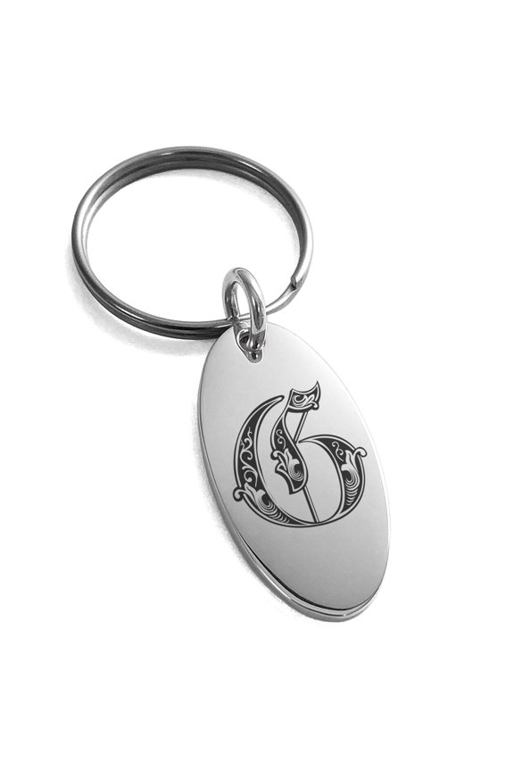 Stainless Steel Letter G Initial Royal Monogram Engraved Small Oval Charm Keychain Keyring
