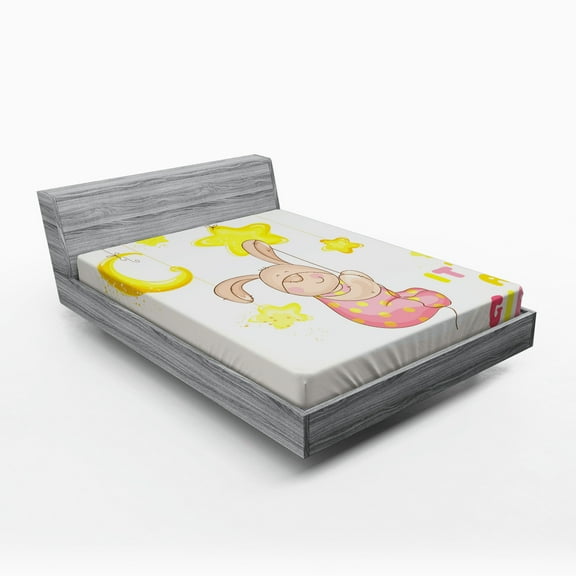 Ambesonne Moon Fitted Sheet, Cartoon Bunny Stars Moon, Queen Size, Pale Pink Yellow Tan