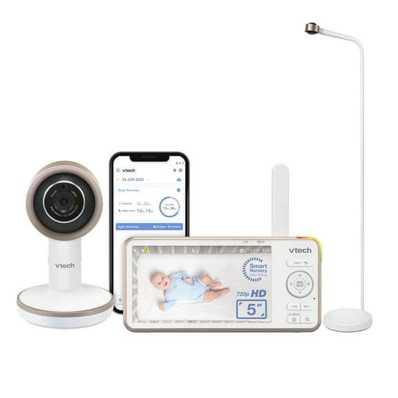 VTech V-Care 1080p WiFi Smart Nursery Remote Access Over-the-Crib Floor Stand Video Baby Monitor with 5' High Definition 720p, Artificial Intelligence, Rollover and Face Covering Detection, VC1405