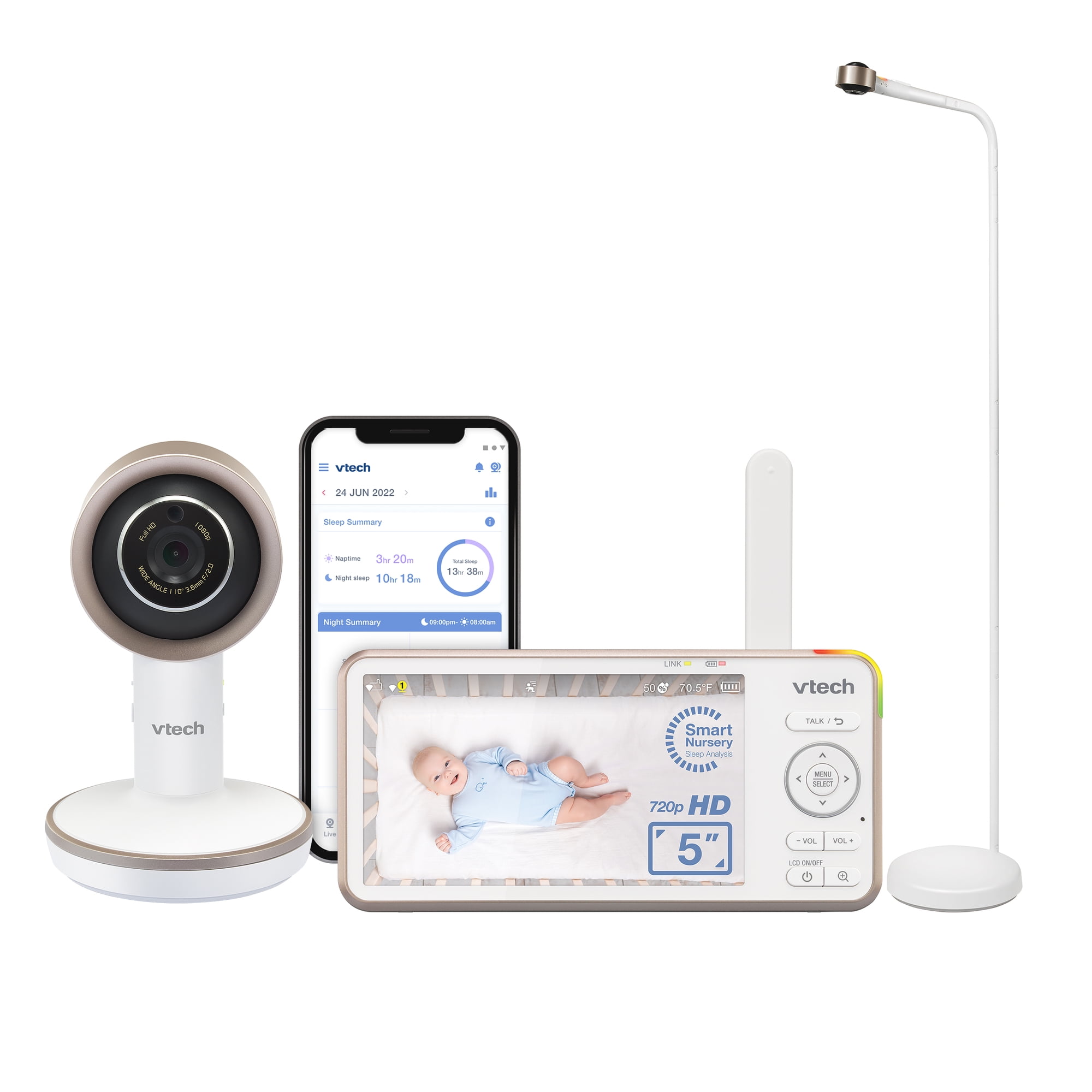VTech V-Care 1080p WiFi Smart Nursery Remote Access Over-the-Crib Floor Stand Video Baby Monitor with 5' High Definition 720p, Artificial Intelligence, Rollover and Face Covering Detection, VC1405