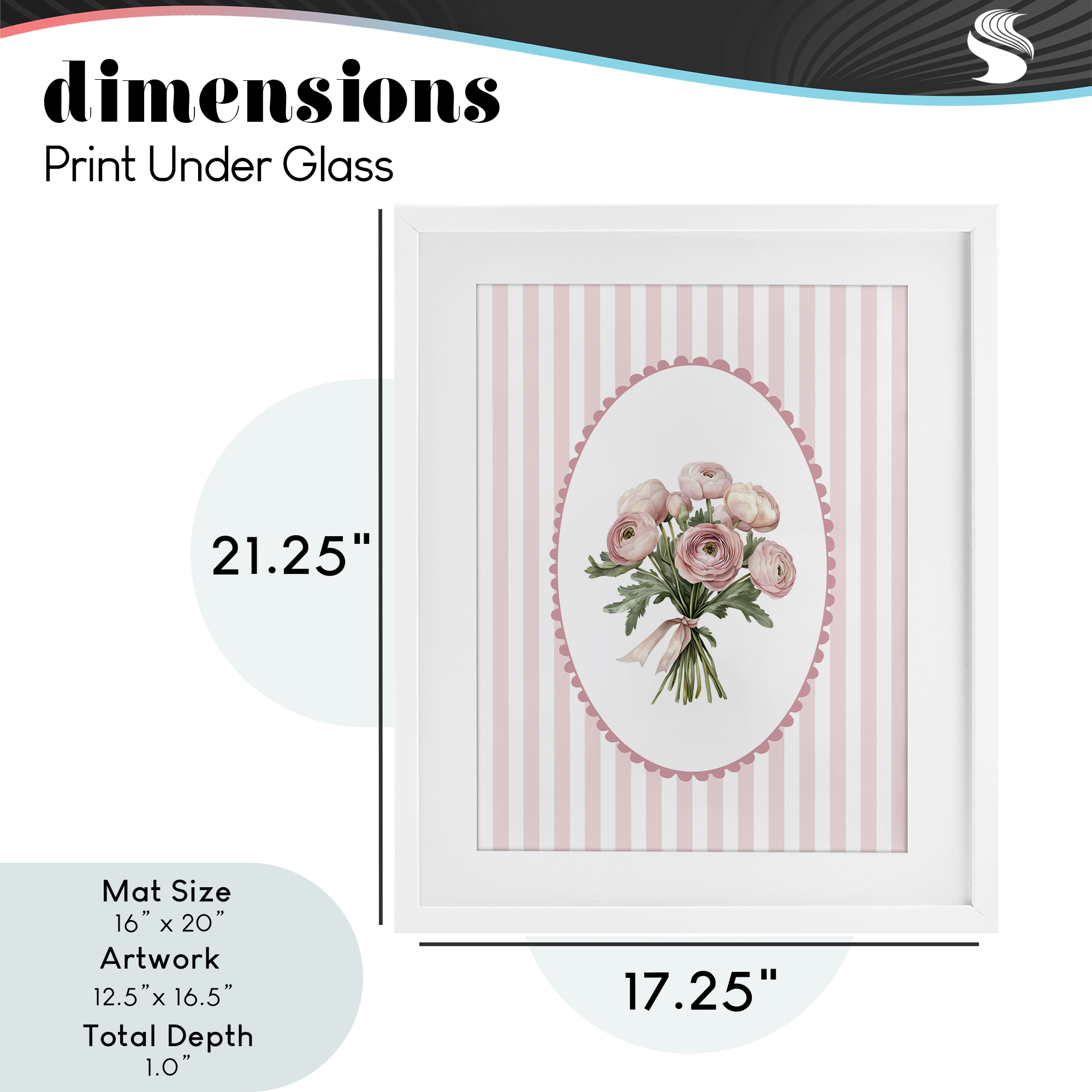 Peony Bouquet on Gentle Stripes White Framed Print Under Glass, design by Christine Simpson Art