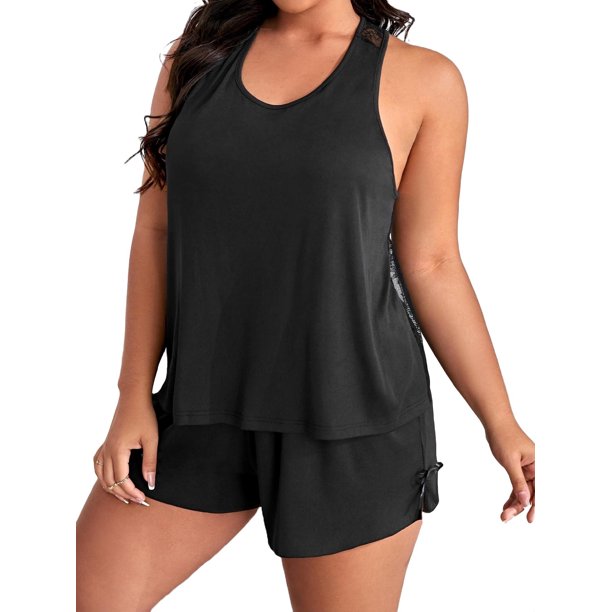 Casual Plain Scoop Neck Short Sets Sleeveless Black Plus Size Pajama