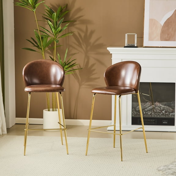 Christopher Knight Home Luxury 29.5" PU Bar Stools, Gilded Metal, Dark Brown, Low-Back, Set of 2