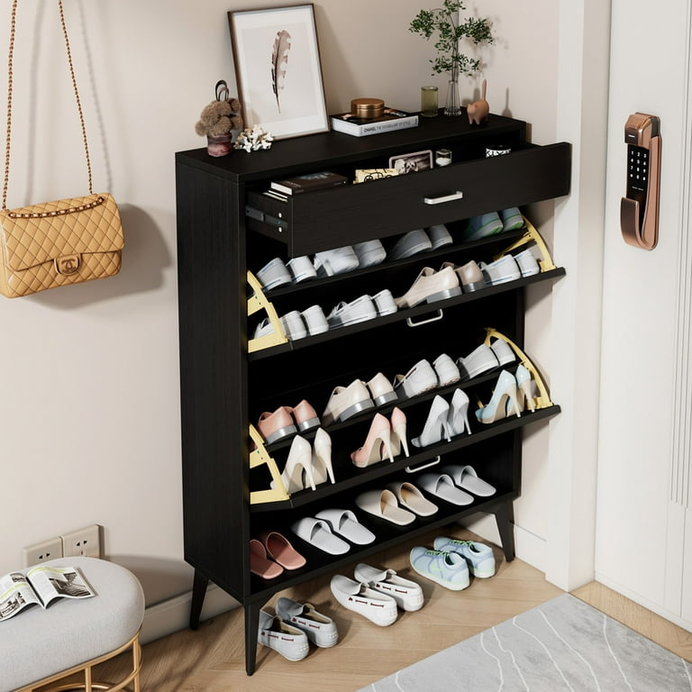 Shoe Cabinet for Entryway, Freestanding Shoe Rack Metal Shoe Storage Cabinet  with 3 Flip Drawers & Adjustable Shelf, Modern Slim Black Shoe Organizer  Cabinet for Heels, Boots, Slippers