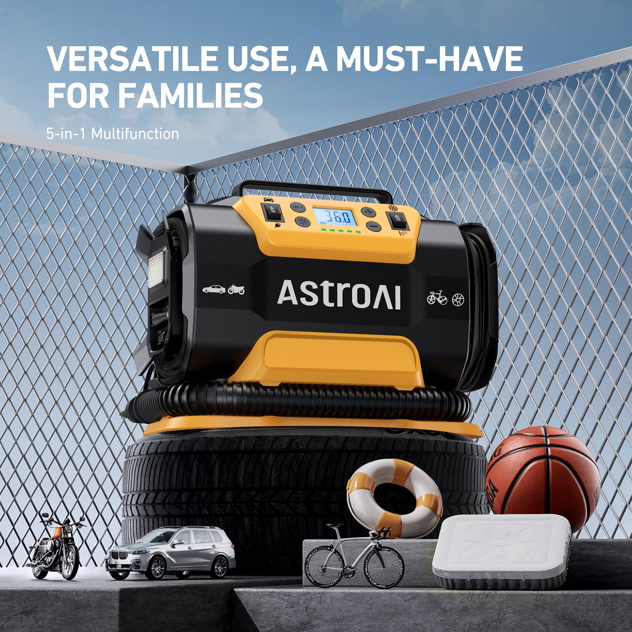 AstroAI Tire Inflator Air Compressor Portable Electric Pump, 150 PSI Air Pump with Dual Metal Motors Dual Power Sources 12V DC/110V AC for Car Bicycle Motorcycle Ball Air Mattress, for Gift