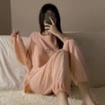 thumbnail image 1 of Pijama de manga larga con estampado de gofres para primavera, otoño e invierno, para mujer, con cara sonriente, cuello redondo, holgado, para el hogar, 1 of 6