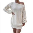 thumbnail image 1 of Vestido Tipo Jersey de Larga con Hombros Descubiertos y Farol para Mujer, de Otoño, Holgado, de Punto Acanalado, Liso M, 1 of 9