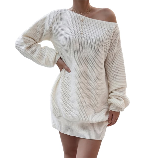 Vestido Tipo Jersey de Larga con Hombros Descubiertos y Farol para Mujer, de Otoño, Holgado, de Punto Acanalado, Liso M
