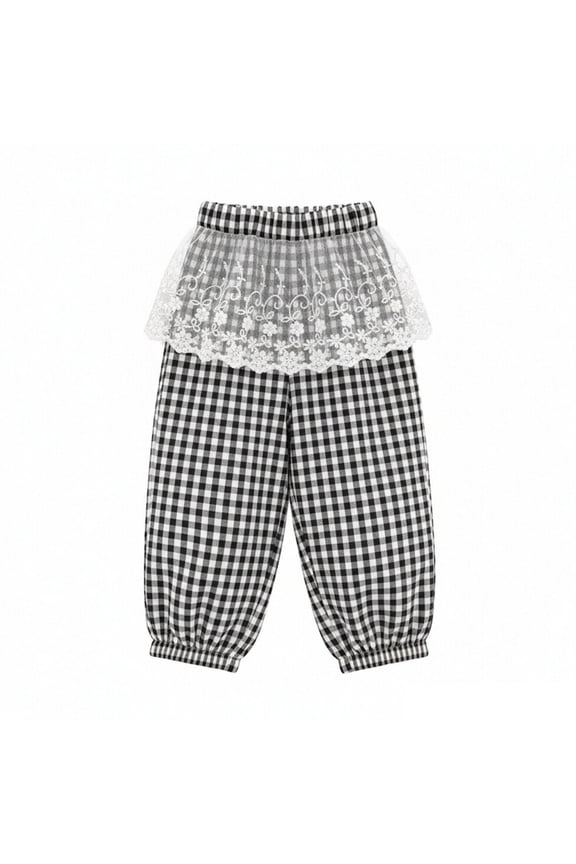 Cute Kids Girls Jogger Pants Fashion Lattice Checkered Elastic Waist Summer Pants Loose Sweet Pull-On Tulles Lace Trousers Lightly Comfy Plaid Khaki Pants for Toddler and Little Girls