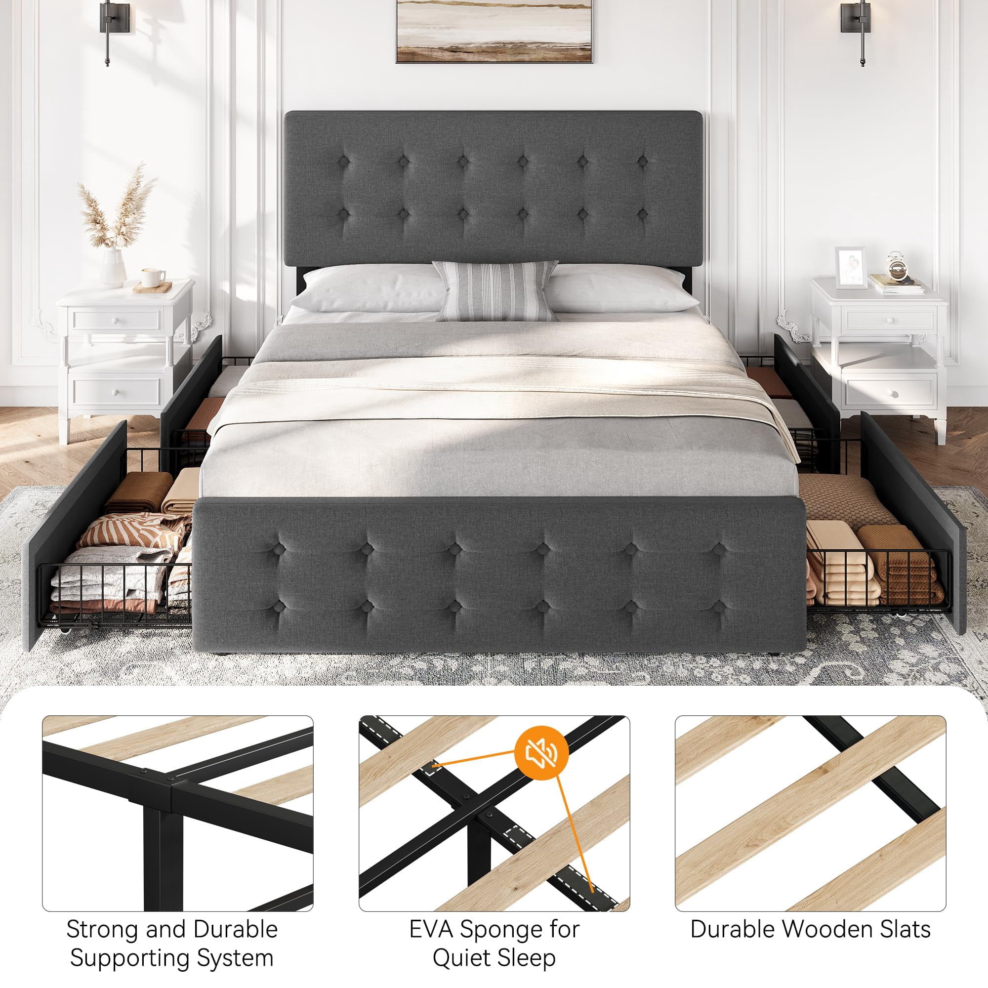 Maritcute Full Size Bed Frame with 4 Storage Drawers and Adjustable Headboard, Upholstered Mattress Foundation with Skin-Frienly Linen, No Box Spring Needed, Light Grey
