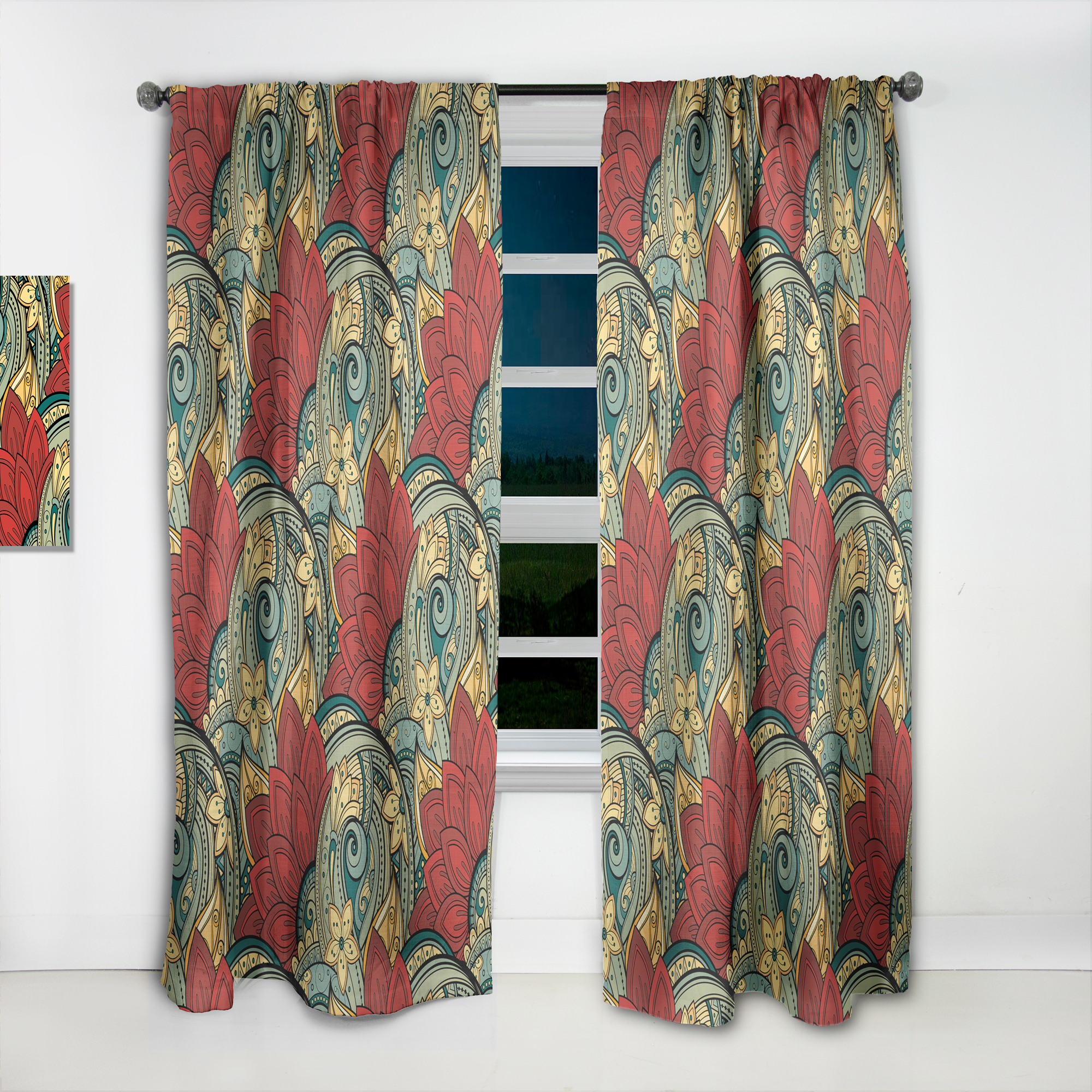 Designart 'Blue Floral Pattern Door' Bohemian & Eclectic Curtain Panel