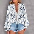 thumbnail image 2 of QQAMB Women's Blouse Lace Floral Printed Long Sleeve Top Tie Front Blouses V-Neck Lantern Shirts, 2 of 8