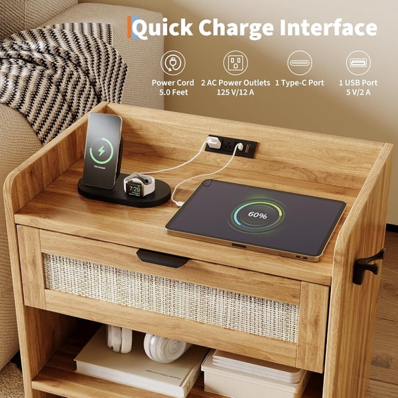Garvee Boho Rattan Nightstands Set of 2 with Type-C Charging Station – 1 Drawer & Open Shelf – Modern Wooden Bedside Tables with Charging Ports – Large End Tables for Bedroom – Walnut Finish