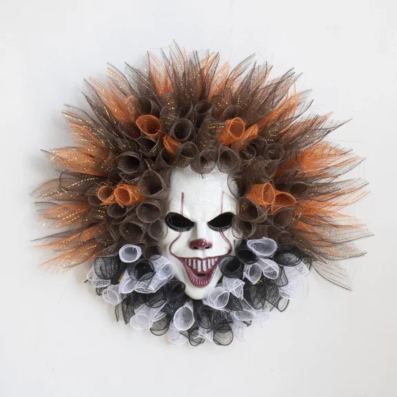 55cm New Halloween Clown Return Mask Wreath Family Holiday Party Horror Decoration Front Door Decoration Wreath