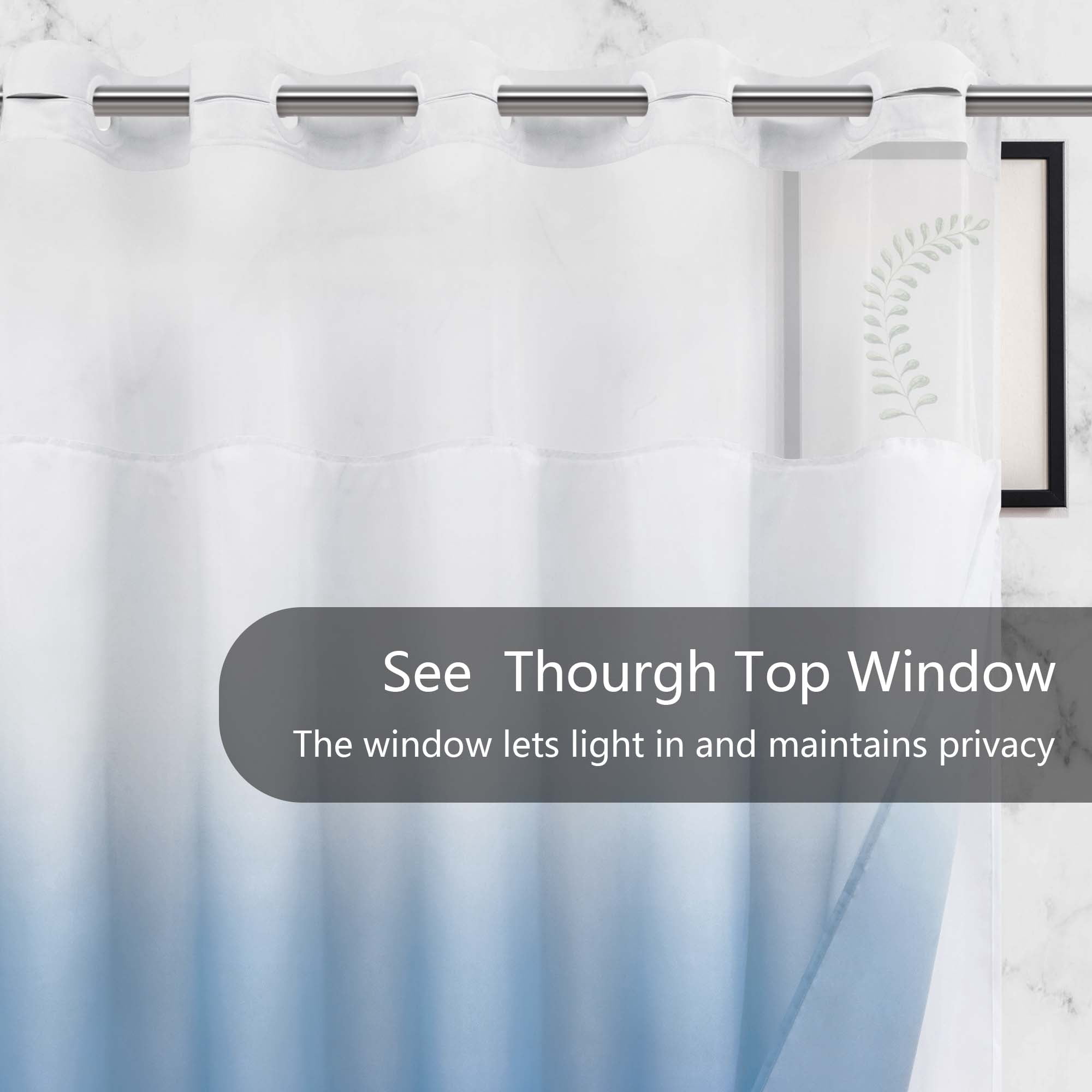 Ikfashoni Blue Ombre Hookless Shower Curtain with Snap in Liner, Waterproof Fabric Mesh Window Bath Curtain, 71"X74"