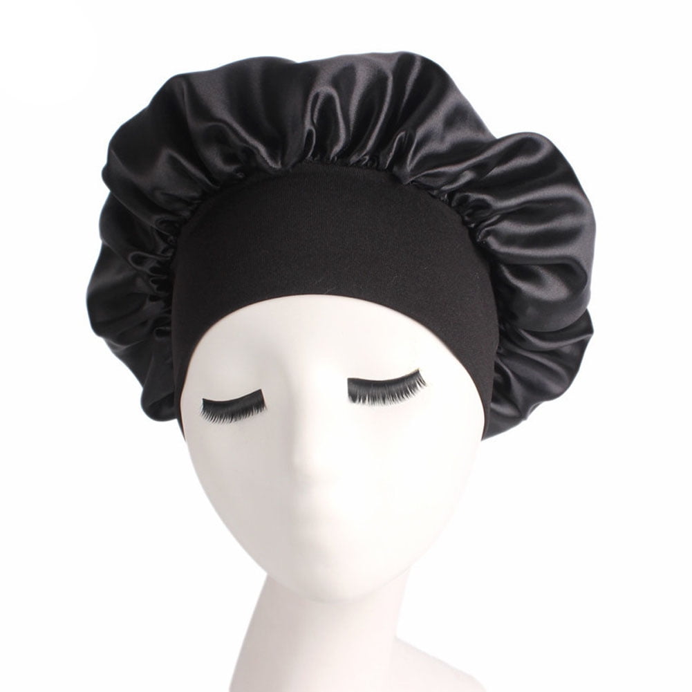 Meihuida New Women's Large Size Satin Silk Cap Hats Sleep Night Cap Men Head Cover Women Bonnet Cap for Curly Spring Hair Black Unisex, Size: One Size