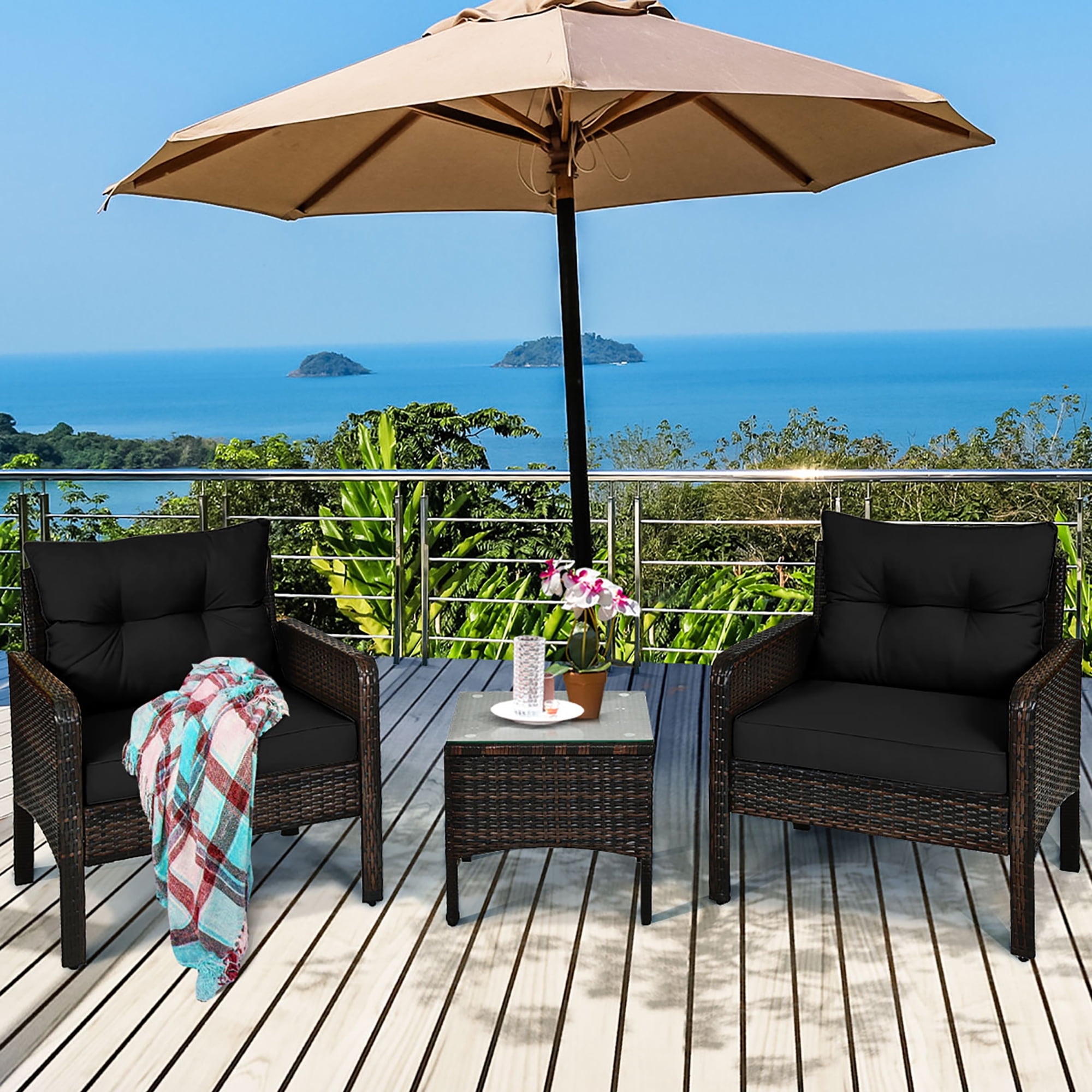 Costway 3PCS Outdoor Rattan Conversation Set Patio Garden Cushioned Sofa Chair Black