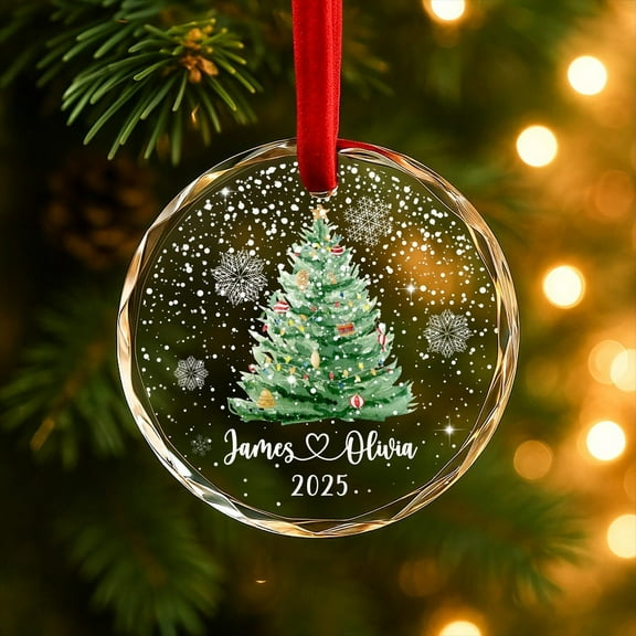 Personalized Glass Christmas Tree Ornament, Custom Couple Names and Year, Heart or Snowflake Holiday Keepsake Decoration Gift