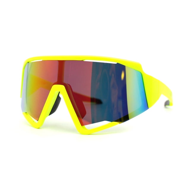 Super Oversized Color Mirror Angular Shield Sport Wrap Around Sunglasses Yellow Orange Mirror