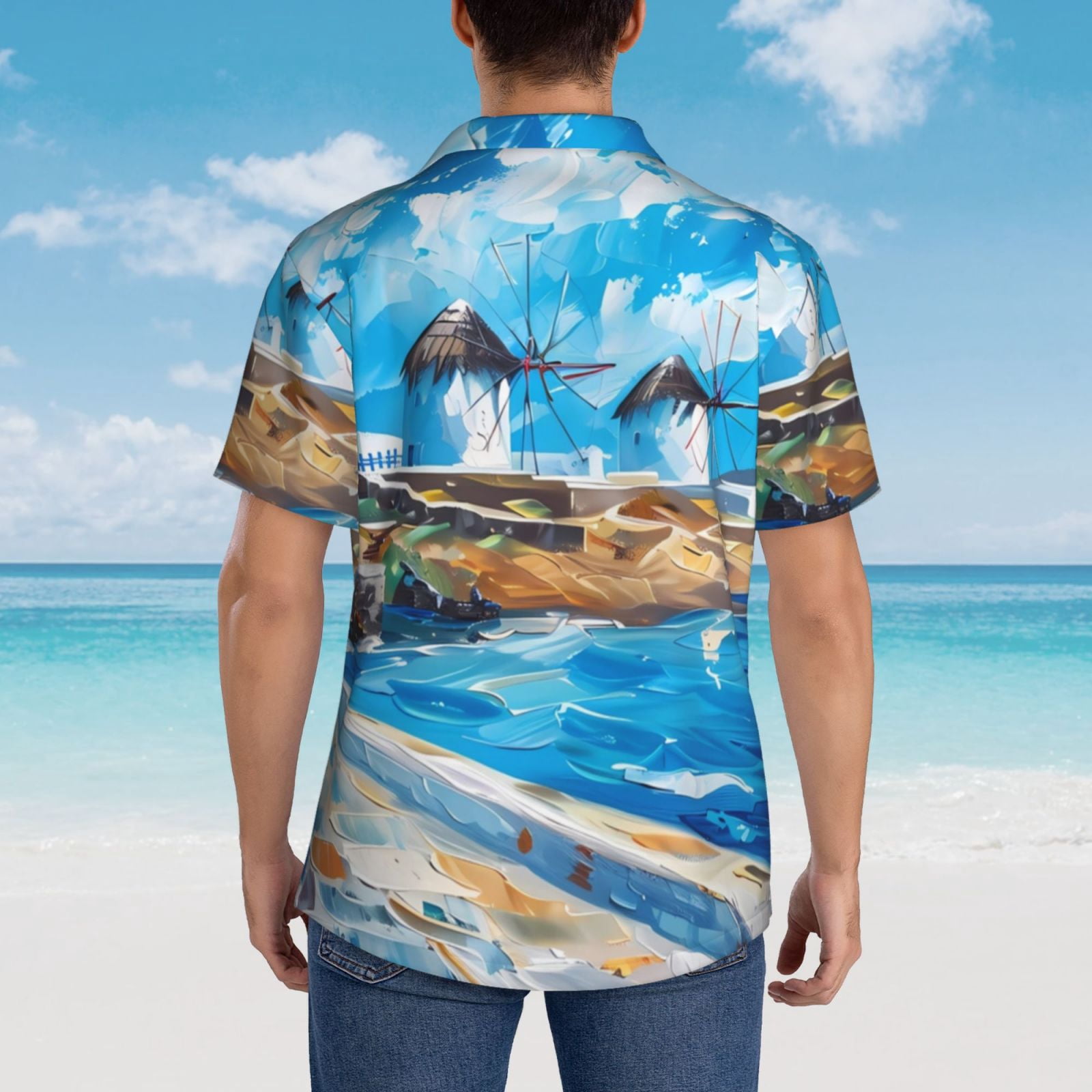 Logiee Greek Island Windmills Painting Print Mens Hawaiian Shirts,Loose-Fit Short Sleeve Button Down Tropical Aloha Beach Shirt,Summer Vacation Wedding Tops,