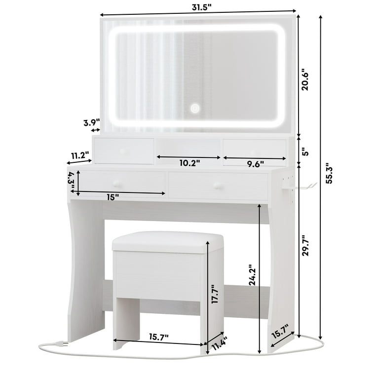  LIKIMIO Small Makeup Vanity Desk with Mirror and Lights, Vanity  Table Set with Storage Drawer & Chair & 3 Shelves, Bedroom, White : Home &  Kitchen