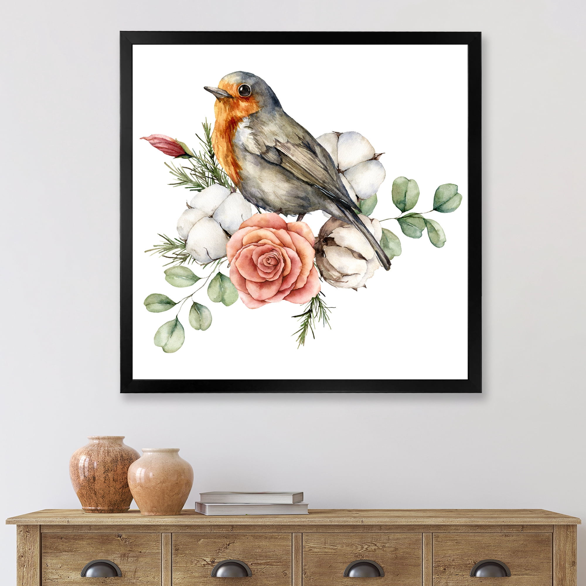 Designart 'Cotton Rose and Leaves With Robin Redbreast' Traditional Framed Art Print