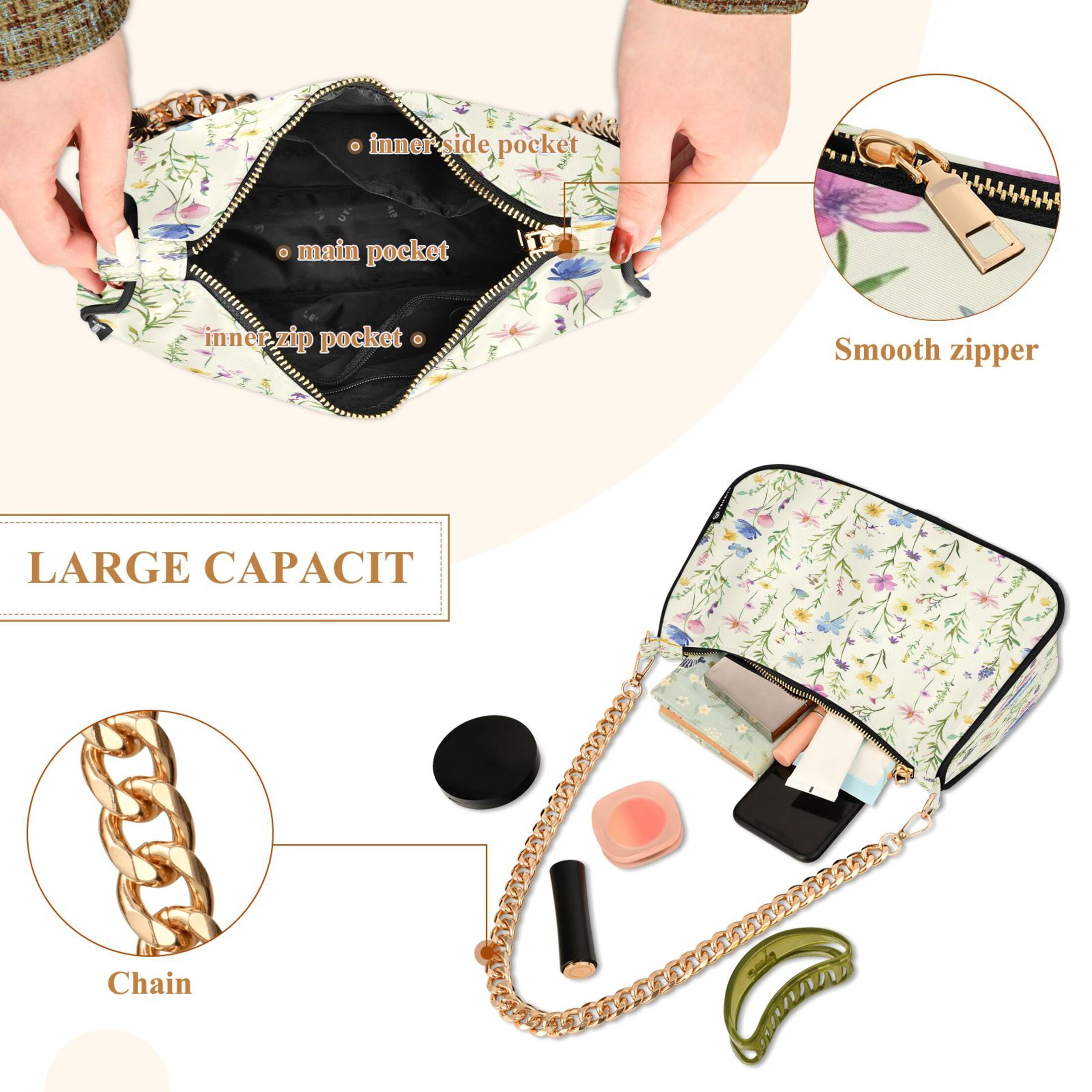 Ryvnso Flowers Summer Floral Womens Chain Shoulder Bag Tote Handbags Clutch Hobo Purse with Zipper for Travel