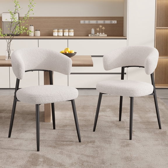 Hawsaiy Dining Chairs Set of 2, Mid Century Modern Boucle Upholstered Dining Chairs with Curved Backrest, Kitchen Dining Room Chairs with Black Metal Legs, White