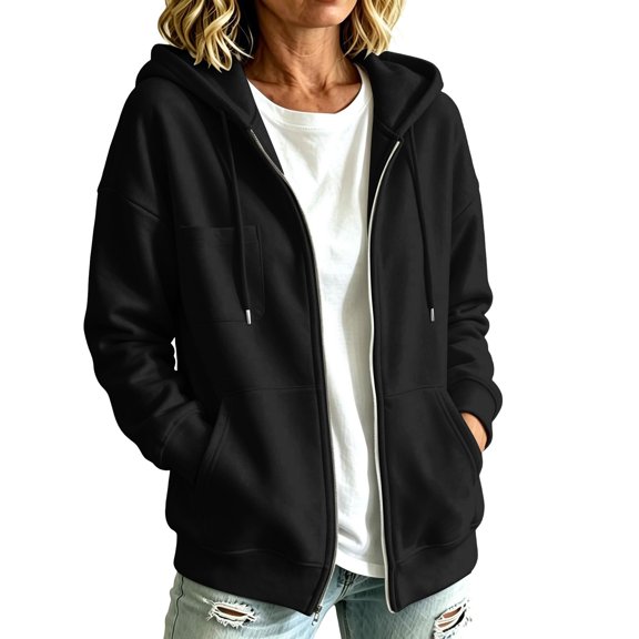 Edvintorg Women's Jackets Loose Zip up Long Sleeve Coat Fall Winter Casual Hooded Outerwear with Pocket Women's Clothes S-2XL Black