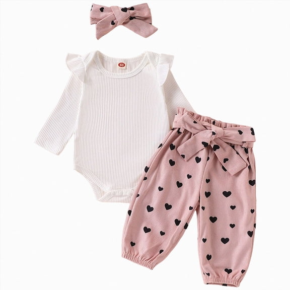 NOLDARES Baby Girl Clothes Outfits Cute Print Romper Pant Fall Winter Newborn Outfit Sets 3Pcs(Pink,3-6 M)