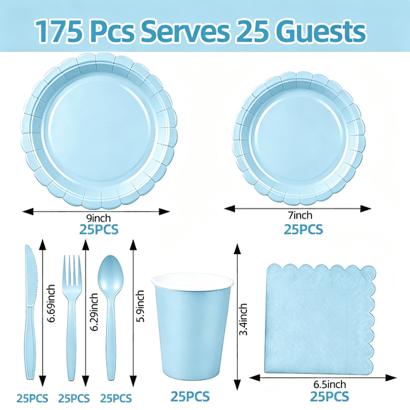 NORIZF 350 Pcs Light Blue Party Plates Cups&Napkins Set,Disposable Paper Dinnerware Set with 9"&7" Plates,Cups&Napkins for Baby Shower,Birthday,Graduation Party