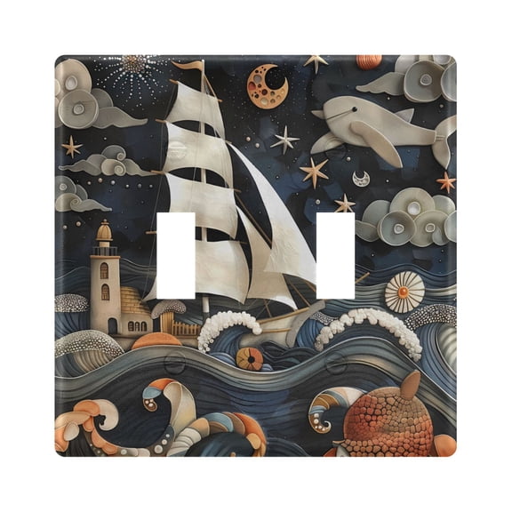 2 Gang Light Switch Cover Plate Ship Lighthouse Whale Wall Plate Decorate Electrical Outlet Cover Plates 4.56”x4.48”