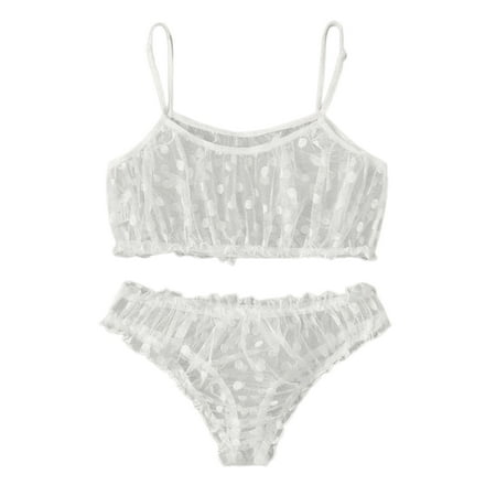 

Binpure 2 Pcs Lady s See-through Sexy Lingerie Set Solid Color Polka Dot Sling Top Perspective Mesh Underpants