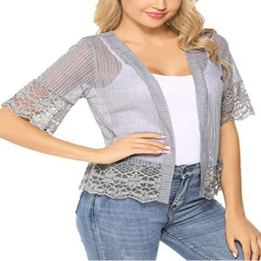 Womens Sheer Shrug Cardigan Casual Open Front Crochet Lace Half Sleeve Cover Up