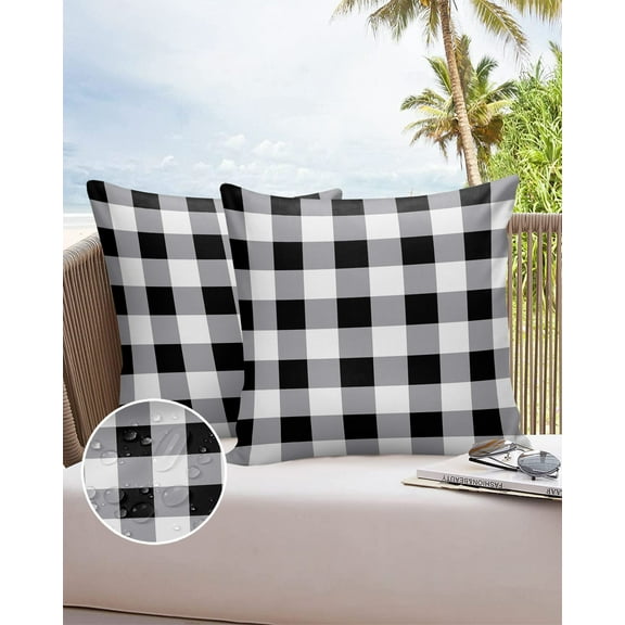 Outdoor Throw Pillow Cover Rustic Farmhouse Buffalo Check Plaid Waterproof Cushion Covers 2 Pack White Black Pillow Cases Home Decoration for Patio Garden Couch Sofa