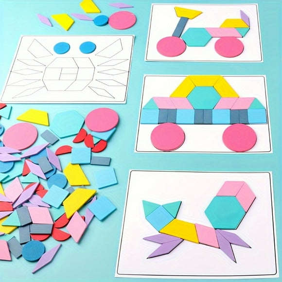 180pcs Wooden Pattern Building Blocks - Tangram Shape Puzzle Set Color Classification Stacking Game Wooden Animal Puzzle Pre-school Montessori Brain Teaser STEM Gift For 3 -5 Years Old