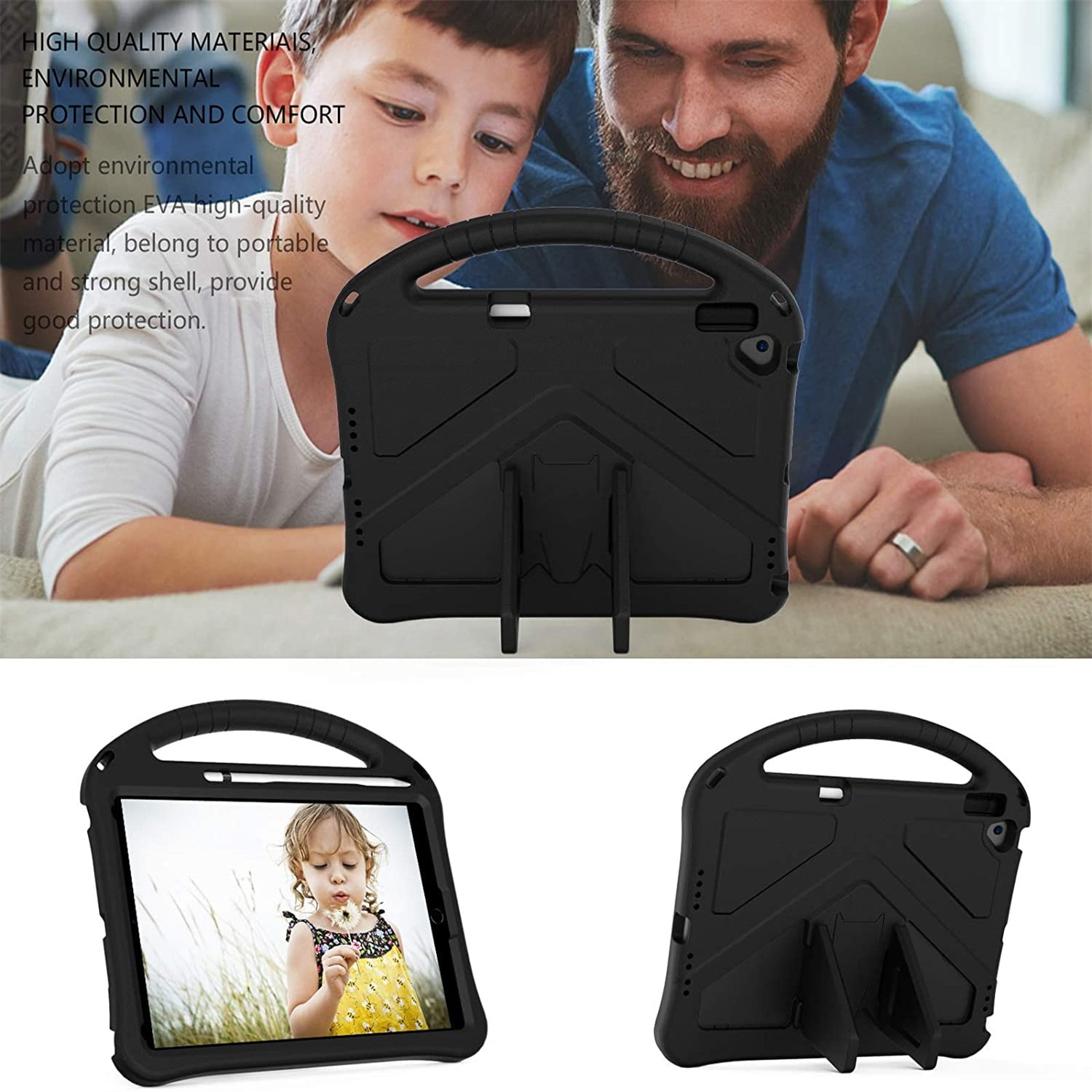 Cowithday Kids Case for iPad 9th/8th/7th Generation iPad 10.2 (2021/2020/2019) with Kickstand/Handle Stand/Pencil Holder [Screen Protector] Lightweight Soft EVA Foam Shockproof Cover Boy Girl,Black