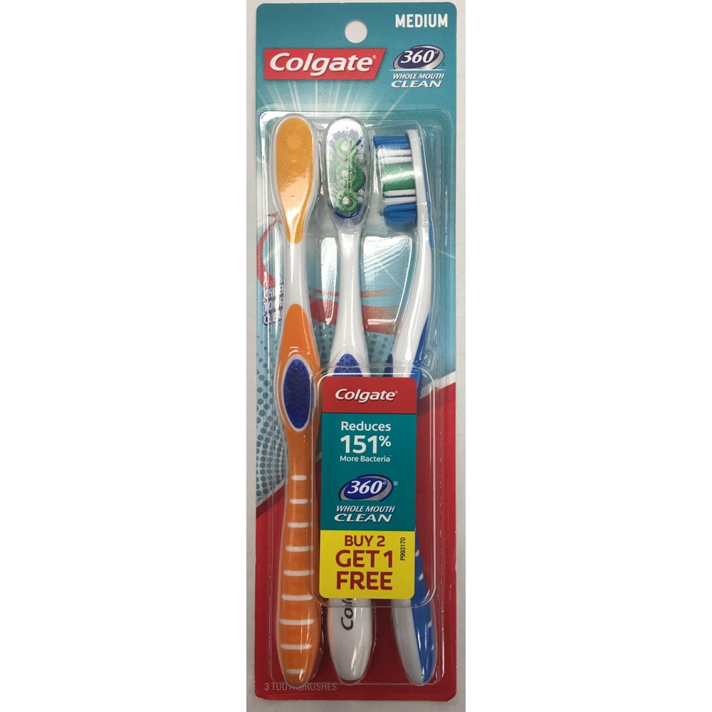 Colgate 360° Toothbrush with Tongue and Cheek Cleaner, Medium 3 Ct