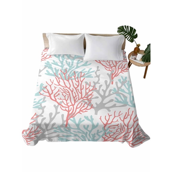 Red Blue Coral Coastal Flat Sheets Only King Size, Soft Breathable Bed Top Sheets for Mattress, Summer Beach Seaside Nautical Luxury Bedding Flat Sheets for Home Hotel Bedroom Bed Protection