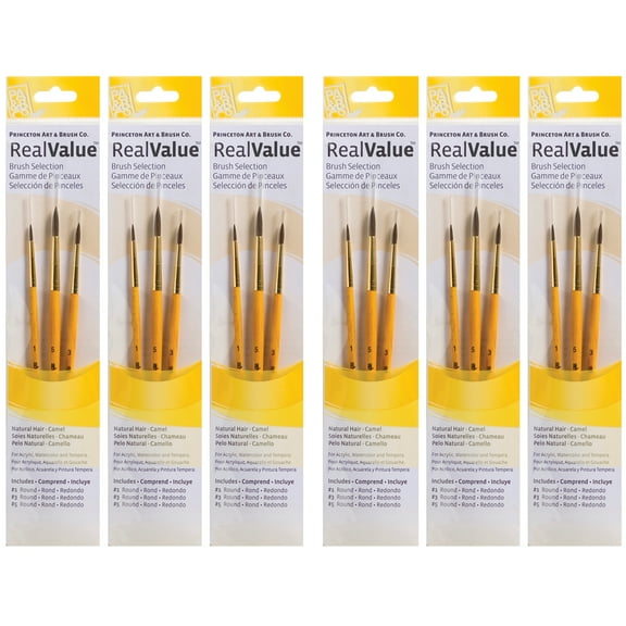 Princeton RealValue Round Brush Set, Camel Bristles, Short Handle Mixed Media Paintbrush, Yellow, 3 Per Set, 6 Sets