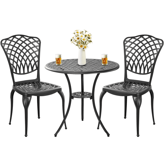 Withniture 3-Piece Black High Back Outdoor Bistro Set, Cast Aluminum Patio Table and Chairs with 1.97" Umbrella Hole for Garden, Porch, Balcony
