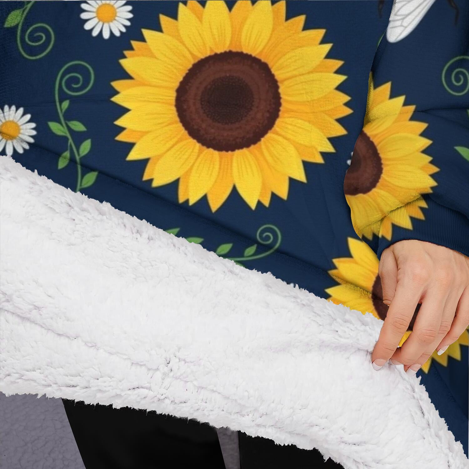 Oversized Wearable Blanket Hoodie,DarkBlue Sunflower Bee Pattern Sherpa Blanket Hoodie with Super Pockets,Super Warm Fuzzy Pullover for Women & Men