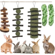 Rabbit Toys 5pcs Bunny Chew Toys for Teeth Toys for Rabbit Guinea Pig Hamster Chinchilla Gerbil Timothy Hay Ball +Apple Stick Wood +Alfalfa Grass Cake for Dental Health