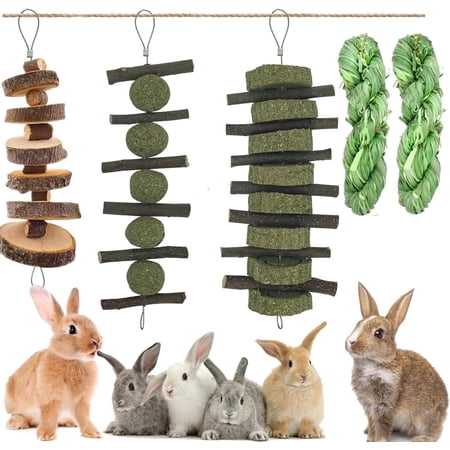 Rabbit Toys 5pcs Bunny Chew Toys for Teeth Toys for Rabbit Guinea Pig Hamster Chinchilla Gerbil Timothy Hay Ball +Apple Stick Wood +Alfalfa Grass Cake for Dental Health