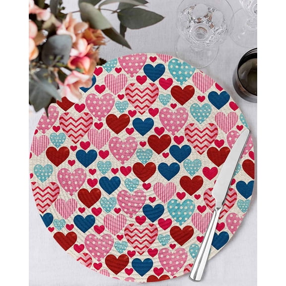 15 Inch Round Placemats Set of 6, Valentine's Day Non Slip Heat Insulation PP Table Mats, Pink Blue Red Striped Dots Love Vintage Washable Place Mats for Kitchen Dining Party Table Decor